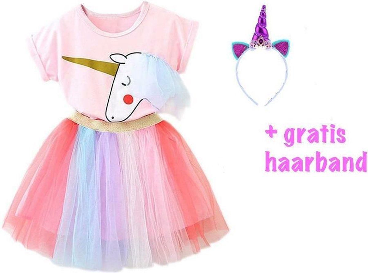 Unicorn rok - Eenhoorn Shirt - 110/116(120) - Verkleedkleding Meisje - Gratis Haarband | Roze